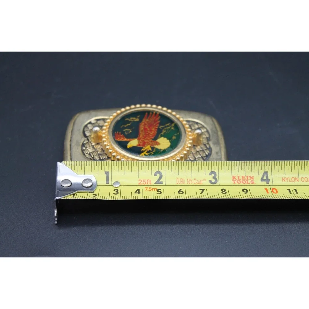 Vintage Brass Rectangle Belt Buckle Enamel Eagle Emblem Made in USA